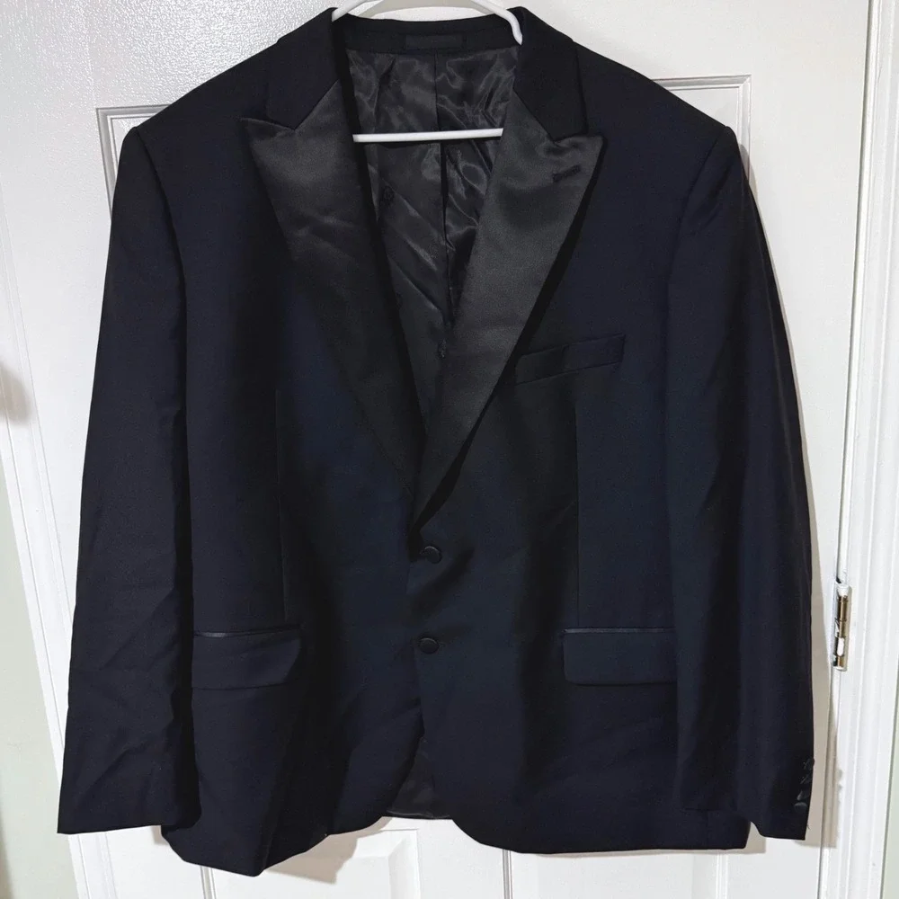 Mens Black Tuxedo Suit Set Satin Peak Lapel Blazer and Trousers Formalwear